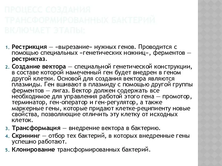 Процесс создания трансформированных бактерий включает этапы: Рестрикция — «вырезание» нужных генов.