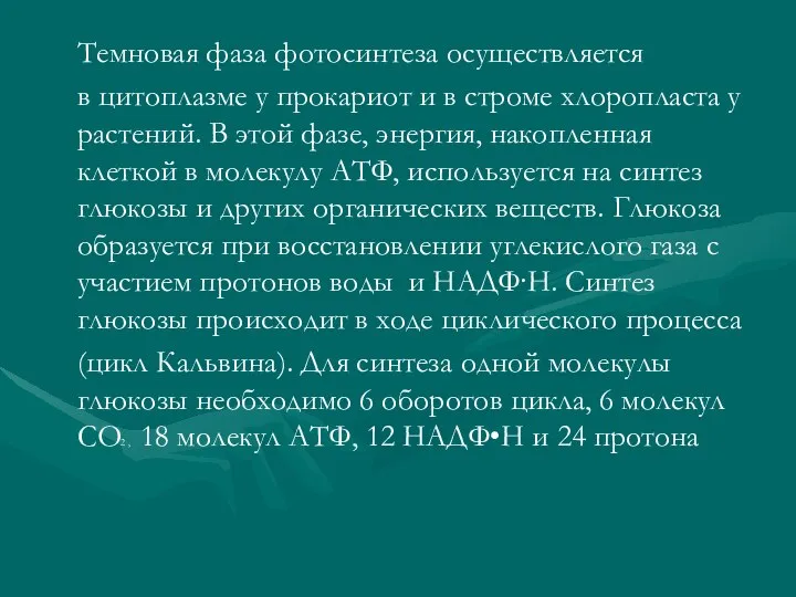 Темновая фаза фотосинтеза осуществляется в цитоплазме у прокариот и в строме