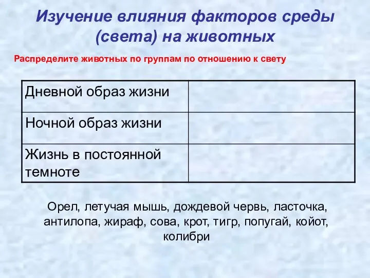 Изучение влияния факторов среды (света) на животных Распределите животных по группам