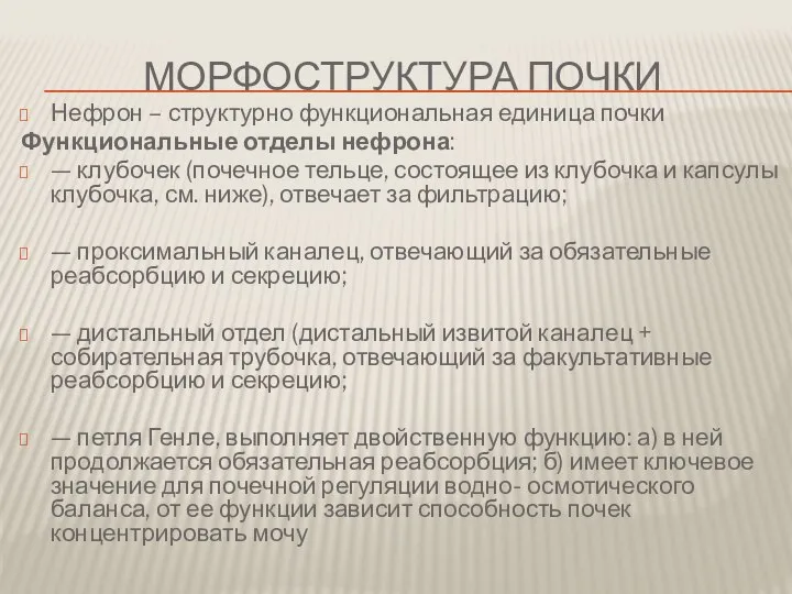 Морфоструктура почки Нефрон – структурно функциональная единица почки Функциональные отделы нефрона: