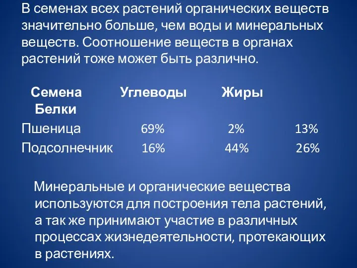 В семенах всех растений органических веществ значительно больше, чем воды и