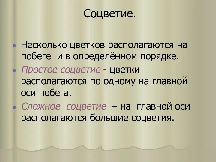 Соцветие. Hесколько цветков располагаются на побеге и в определённом порядке. Простое