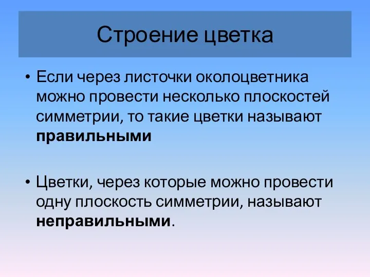 Строение цветка Если через листочки околоцветника можно провести несколько плоскостей симметрии,