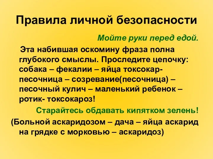 Правила личной безопасности Мойте руки перед едой. Эта набившая оскомину фраза