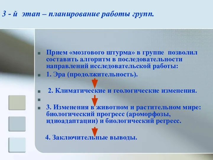 3 - й этап – планирование работы групп. Прием «мозгового штурма»