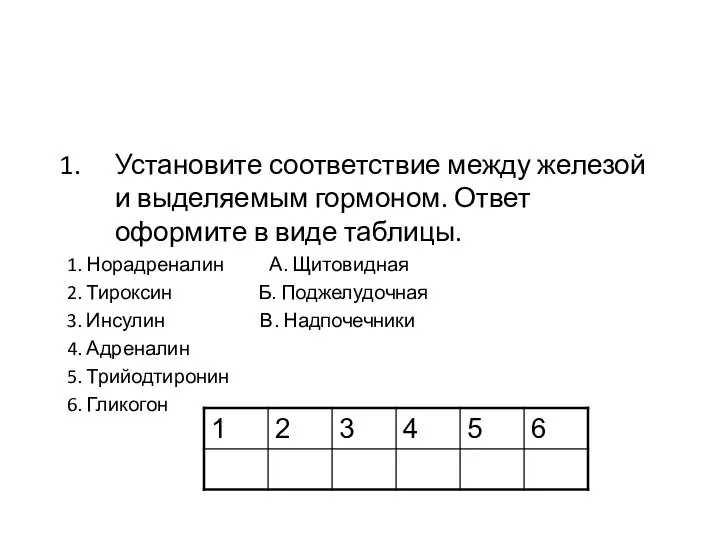 Установите соответствие между железой и выделяемым гормоном. Ответ оформите в виде