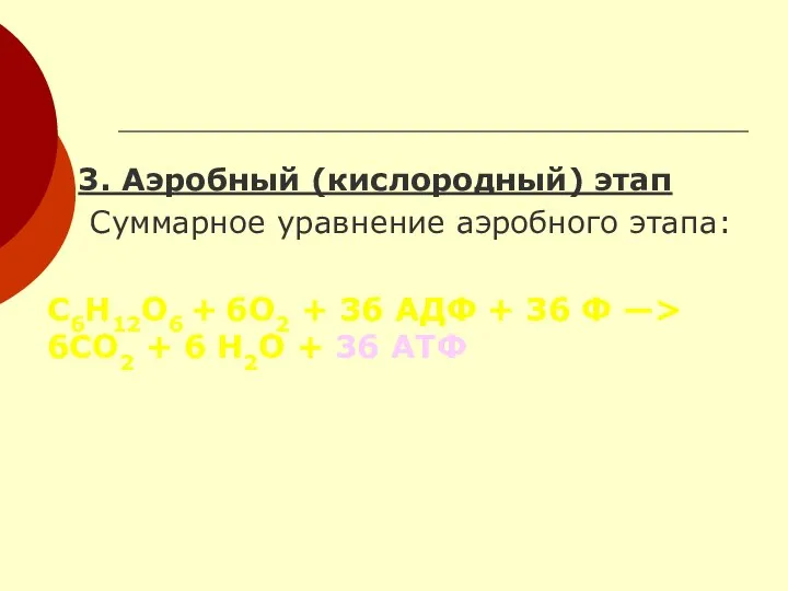 3. Аэробный (кислородный) этап Суммарное уравнение аэробного этапа: С6Н12О6 + 6О2