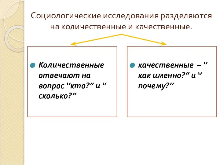 Социологические исследования разделяются на количественные и качественные. Количественные отвечают на вопрос