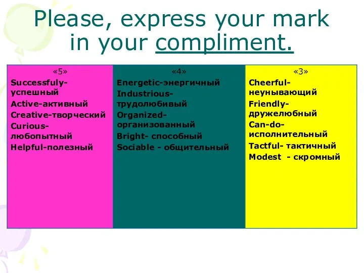 Please, express your mark in your compliment.