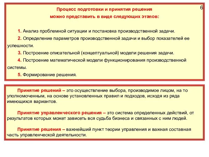 Процесс подготовки и принятия решения можно представить в виде следующих этапов: