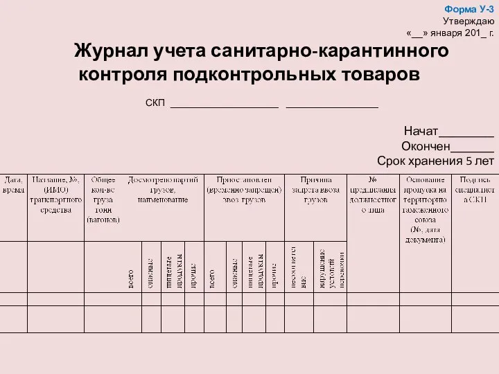 Форма У-3 Утверждаю «__» января 201_ г. Журнал учета санитарно-карантинного контроля