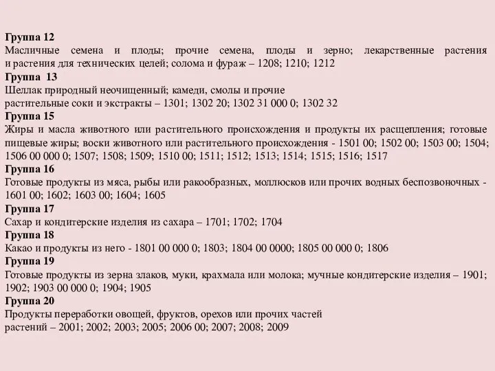 Группа 12 Масличные семена и плоды; прочие семена, плоды и зерно;