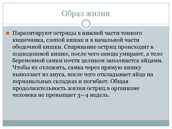 Образ жизни Паразитируют острицы в нижней части тонкого кишечника, слепой кишке