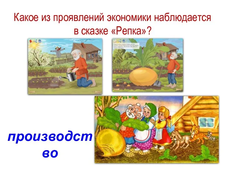 Какое из проявлений экономики наблюдается в сказке «Репка»? производство