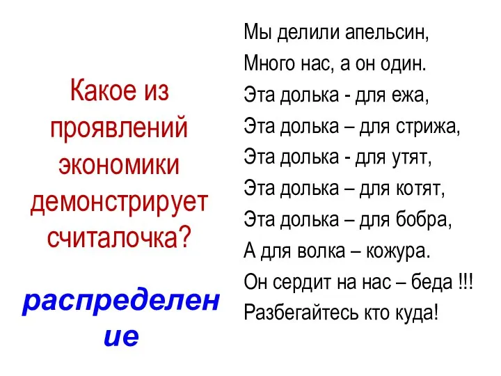 Какое из проявлений экономики демонстрирует считалочка? Мы делили апельсин, Много нас,