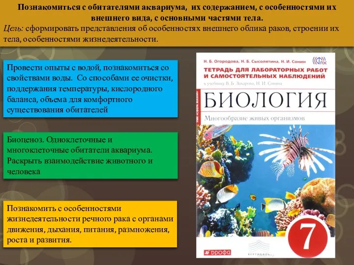 Познакомиться с обитателями аквариума, их содержанием, с особенностями их внешнего вида,