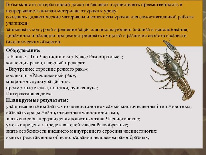 Оборудование: таблицы: «Тип Членистоногие. Класс Рако­образные»; коллекция раков, влажный препарат «Внутреннее