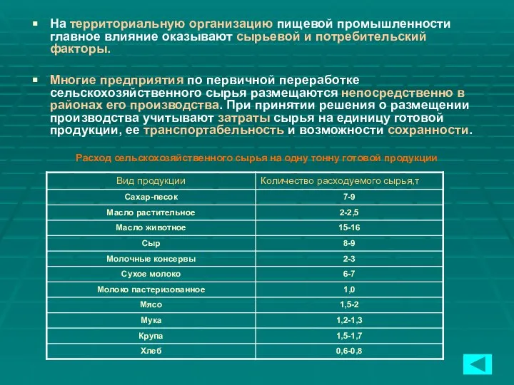 На территориальную организацию пищевой промышленности главное влияние оказывают сырьевой и потребительский