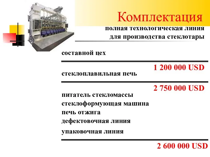 Комплектация полная технологическая линия для производства стеклотары