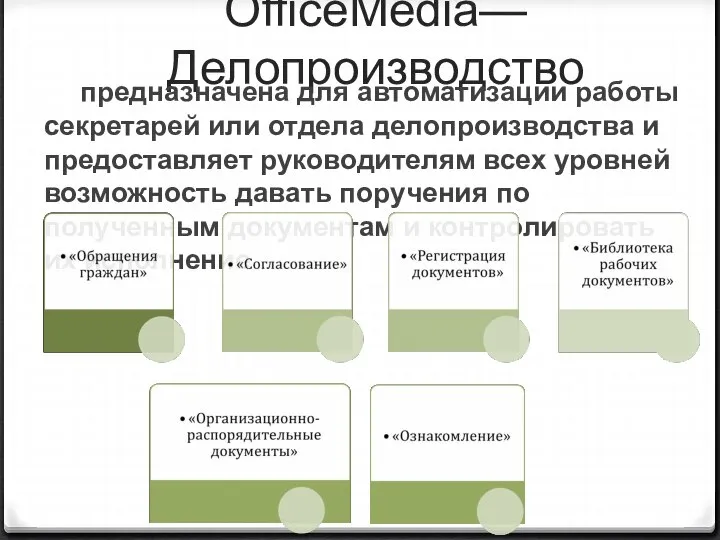 OfficeMedia— Делопроизводство предназначена для автоматизации работы секретарей или отдела делопроизводства и