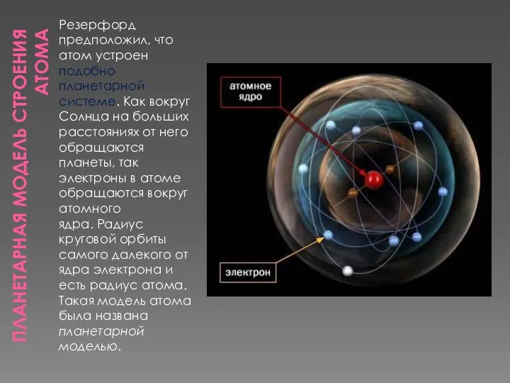 Планетарная модель строения атома Резерфорд предположил, что атом устроен подобно планетарной