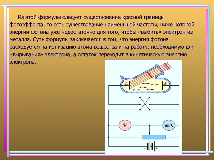 Из этой формулы следует существование красной границы фотоэффекта, то есть существование