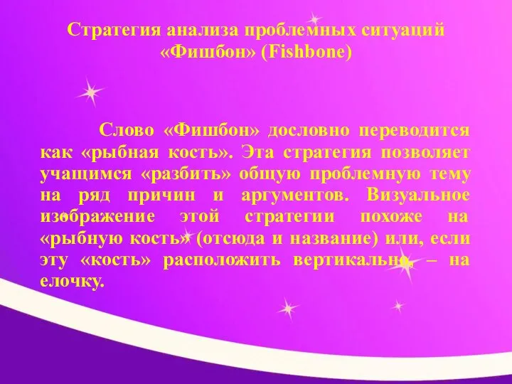 Стратегия анализа проблемных ситуаций «Фишбон» (Fishbone) Слово «Фишбон» дословно переводится как