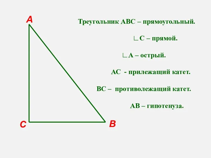 С В А Треугольник АВС – прямоугольный. ∟С – прямой. ∟А