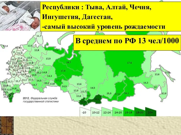 Республики : Тыва, Алтай, Чечня, Ингушетия, Дагестан, -самый высокий уровень рождаемости