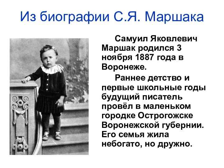 Из биографии С.Я. Маршака Самуил Яковлевич Маршак родился 3 ноября 1887