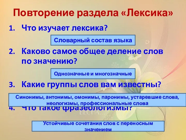 Повторение раздела «Лексика» Что изучает лексика? Каково самое общее деление слов