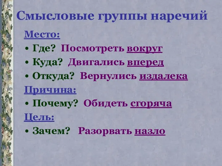 Смысловые группы наречий Место: Где? Посмотреть вокруг Куда? Двигались вперед Откуда?