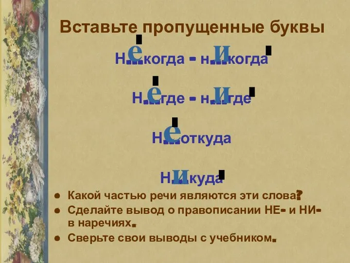 Вставьте пропущенные буквы Н…когда – н…когда Н…где – н…где Н…откуда Н…куда