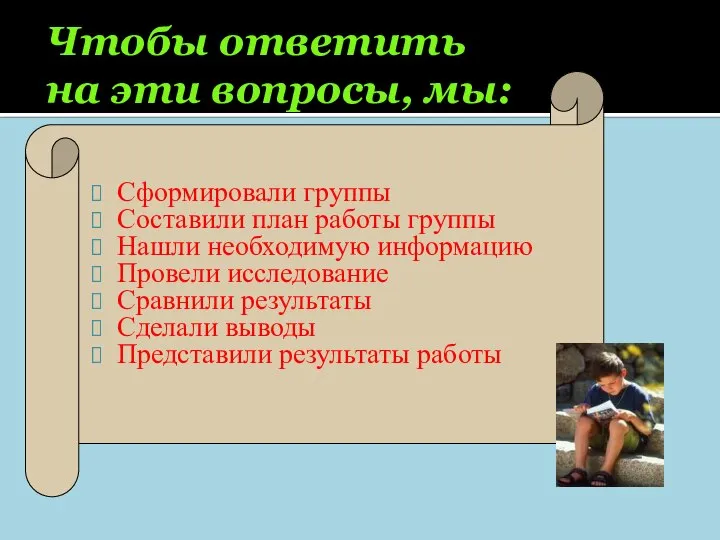 Чтобы ответить на эти вопросы, мы: Сформировали группы Составили план работы