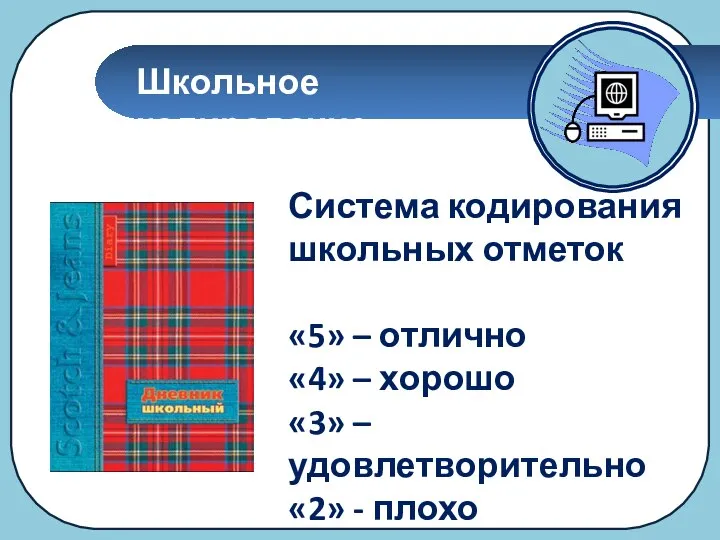 Школьное кодирование Система кодирования школьных отметок «5» – отлично «4» –