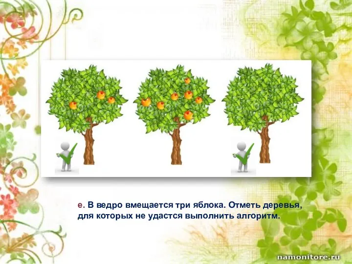 e. В ведро вмещается три яблока. Отметь деревья, для которых не удастся выполнить алгоритм.