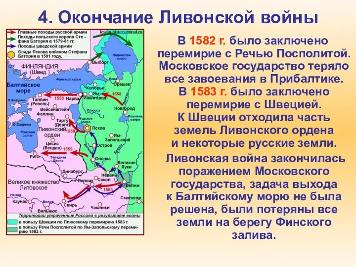 4. Окончание Ливонской войны В 1582 г. было заключено перемирие с