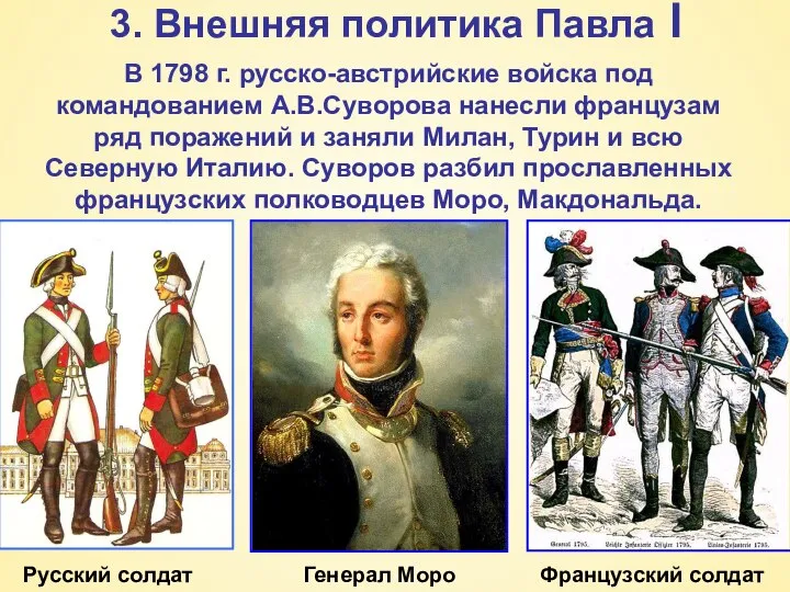 3. Внешняя политика Павла I В 1798 г. русско-австрийские войска под