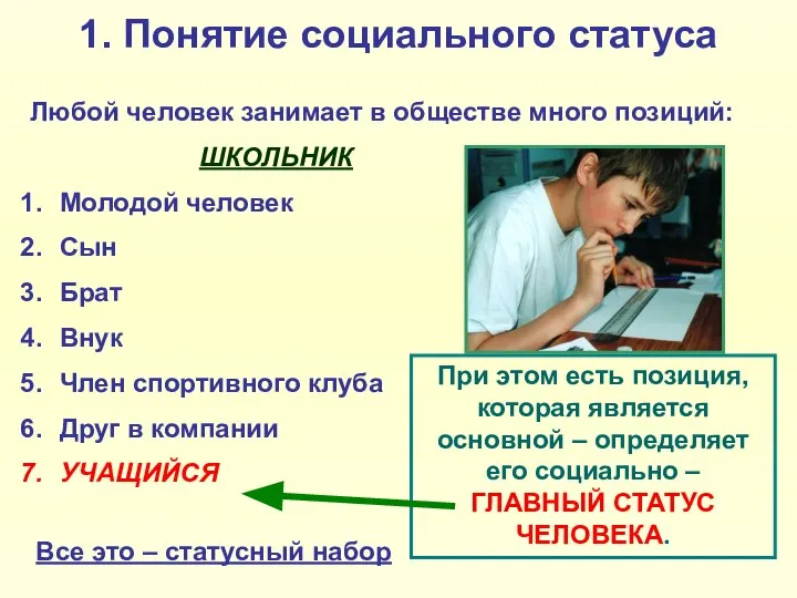 1. Понятие социального статуса Любой человек занимает в обществе много позиций: