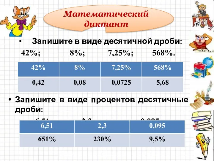 Запишите в виде десятичной дроби: 42%; 8%; 7,25%; 568%. Запишите в