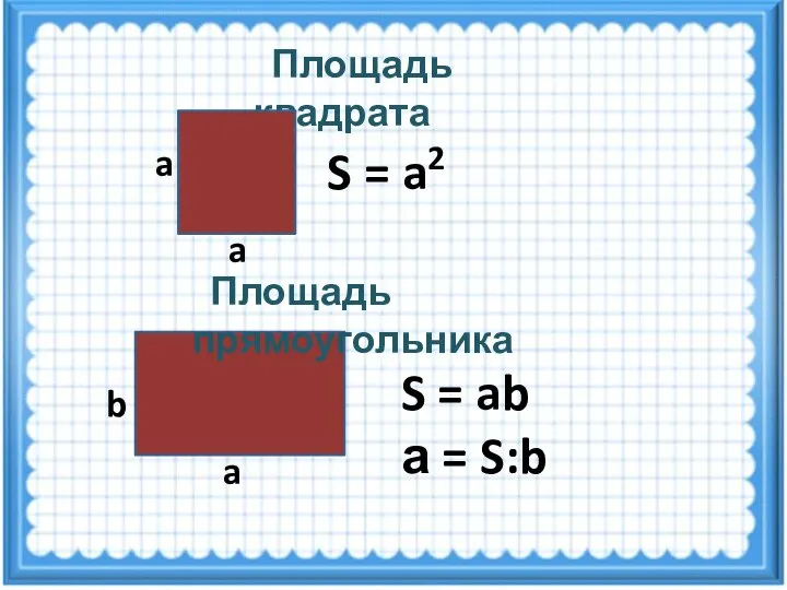 Площадь квадрата S = a2 a a b a S =