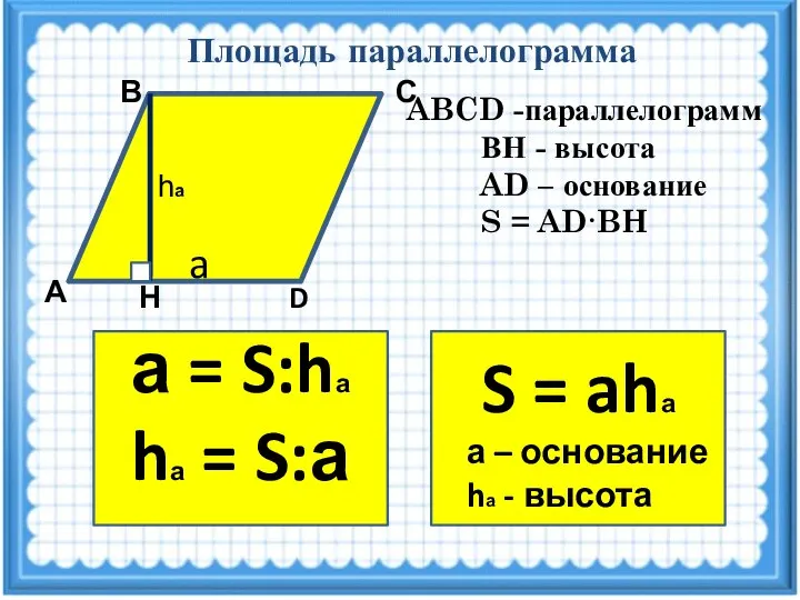 Площадь параллелограмма А D Н С В ABCD -параллелограмм ВН -