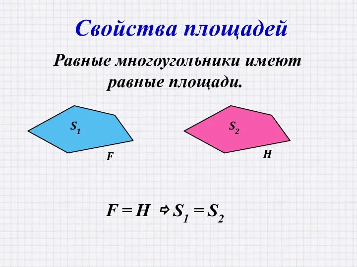 Свойства площадей Равные многоугольники имеют равные площади. F = H ⇨ S1 = S2 S1 S2