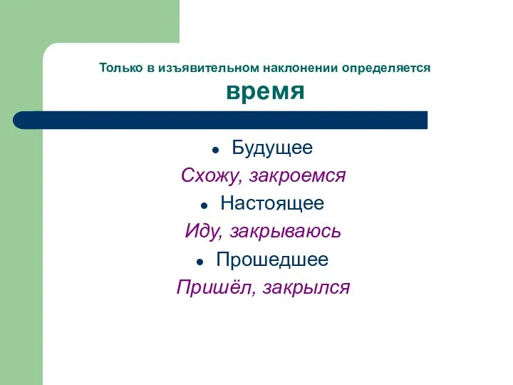 Только в изъявительном наклонении определяется время Будущее Схожу, закроемся Настоящее Иду, закрываюсь Прошедшее Пришёл, закрылся