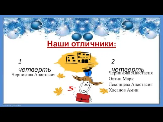 Наши отличники: 1 четверть Черникова Анастасия Черникова Анастасия Овтин Марк Леконцева Анастасия Хасанов Амин 2 четверть