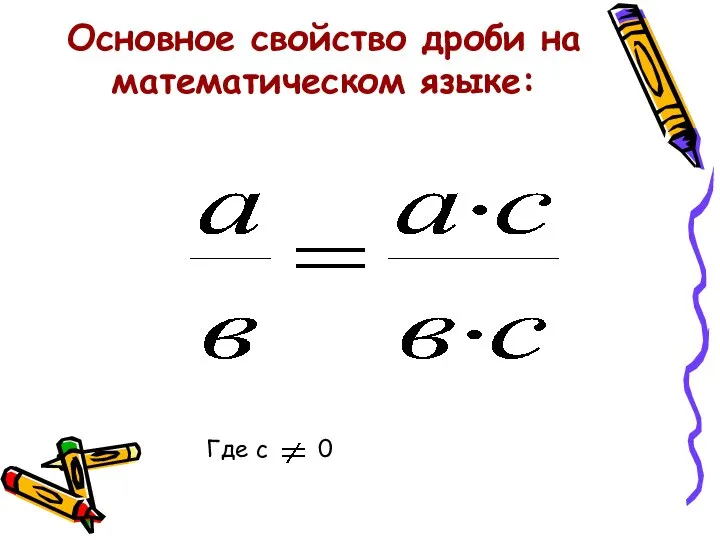 Основное свойство дроби на математическом языке: Где с 0