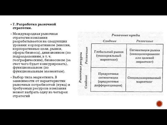 7. Разработка рыночной стратегии. Международная рыночная стратегия компании разрабатывается на следующих