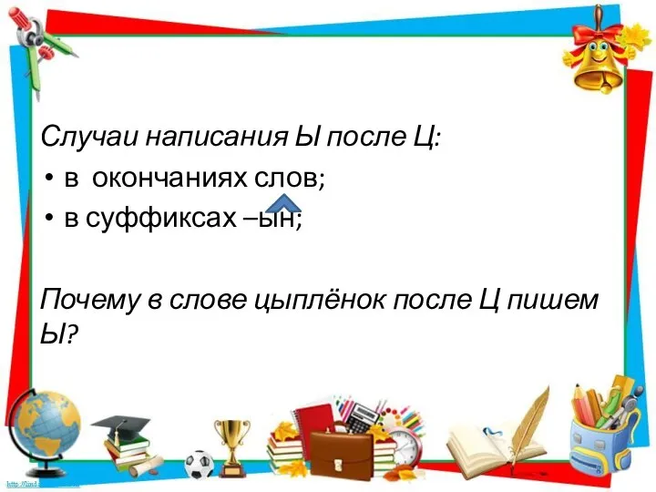 Случаи написания Ы после Ц: в окончаниях слов; в суффиксах –ын;