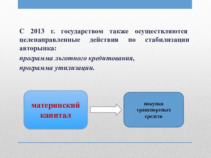 С 2013 г. государством также осуществляются целенаправленные действия по стабилизации авторынка: