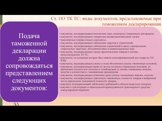 Ст. 183 ТК ТС: виды документов, представляемые при таможенном декларировании